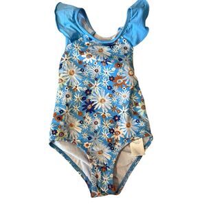 Patagonia 2T Hawaiian Floral Blue Swimsuit with Ruffle Sleeves
